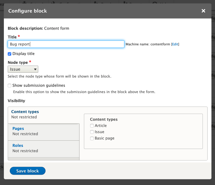 Formblock settings Drupal 8