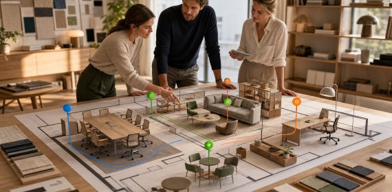 Furniture specialists collaborating on a room-based B2B project plan with reserved products