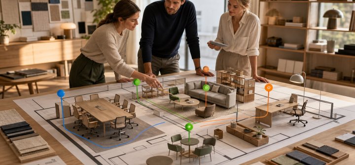 Furniture specialists collaborating on a room-based B2B project plan with reserved products