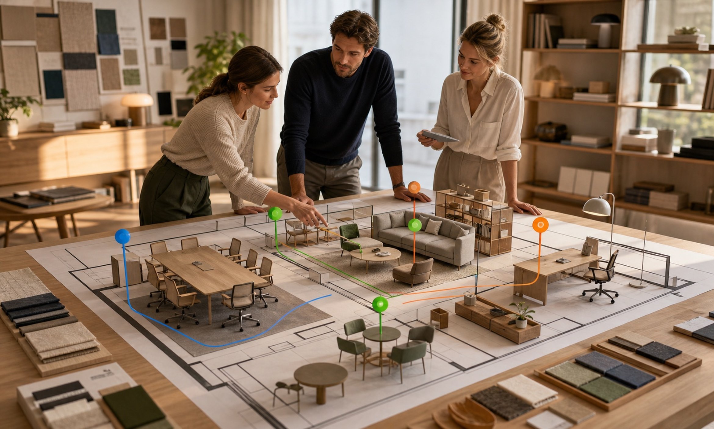 Furniture specialists collaborating on a room-based B2B project plan with reserved products