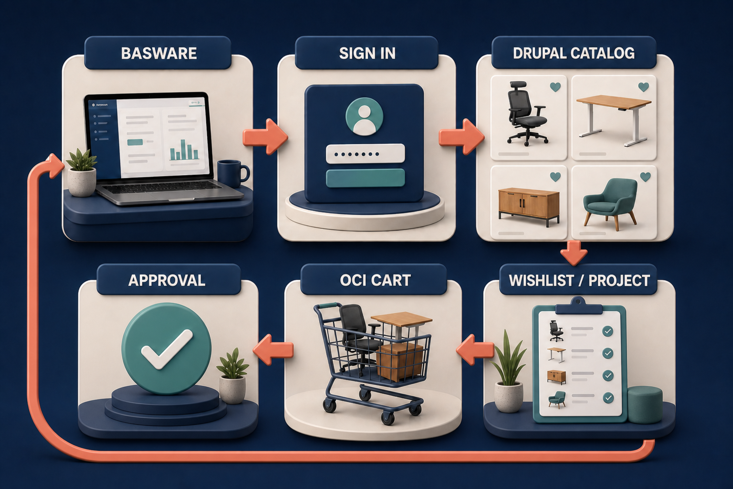 Drupal Commerce PunchOut flow from Basware sign-in to OCI cart approval