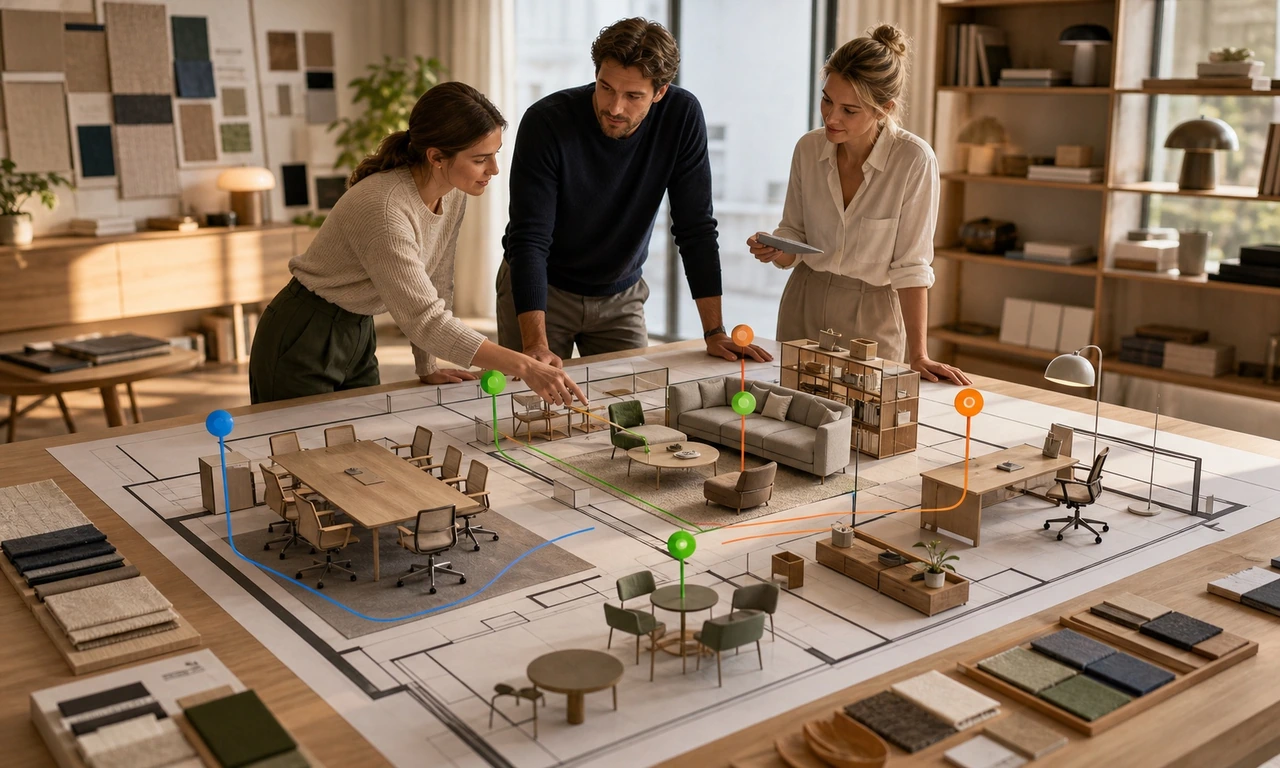 Furniture specialists planning rooms and product reservations together