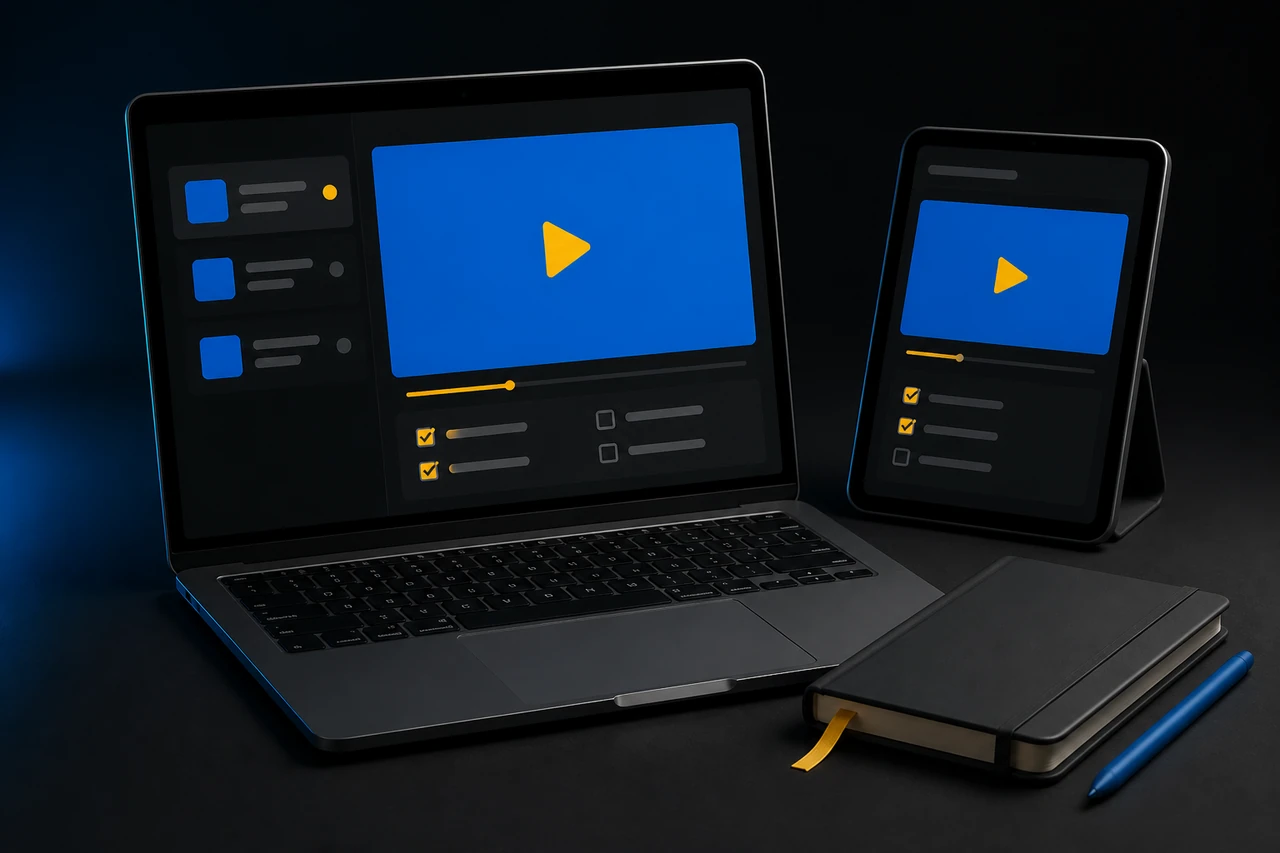 Concept illustration of online lessons, course chapters and interactive quizzes on a laptop and tablet