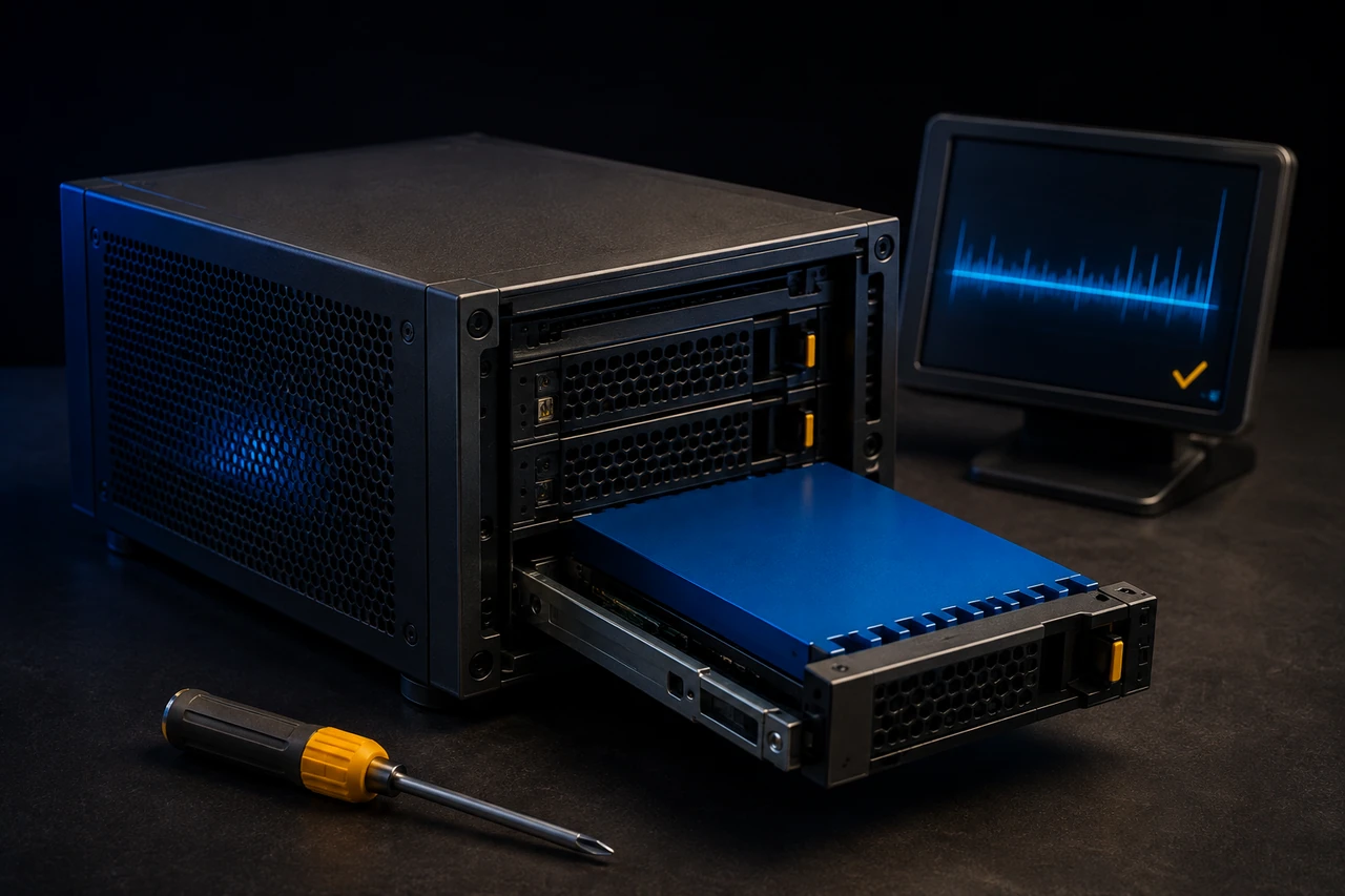 Concept illustration of a server being maintained beside a diagnostic display